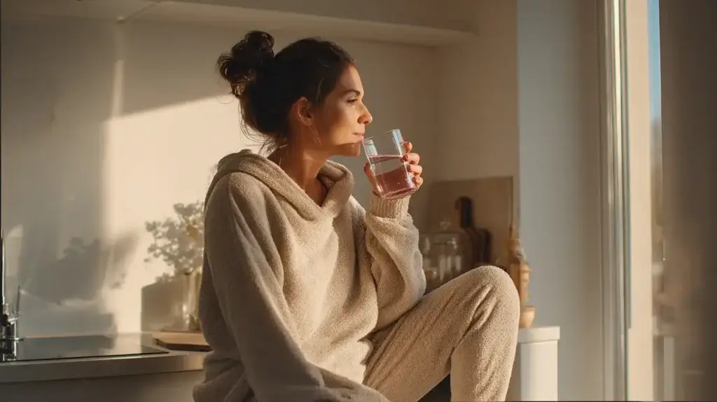 woman drinking pink salt water in the morning for weight loss