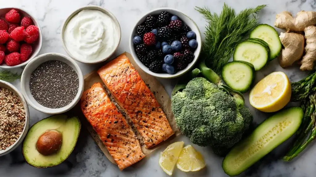 “Tirzepatide-friendly food ingredients including yogurt, berries, chicken, salmon, vegetables, and chia seeds.”