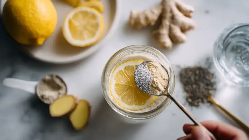 “Step-by-step preparation of a lemon ginger protein smoothie for a tirzepatide meal plan.”