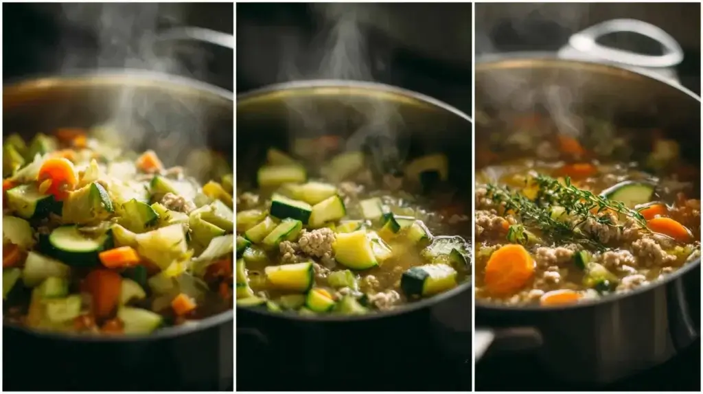 “Light turkey vegetable soup cooking step-by-step for a tirzepatide-friendly dinner.”