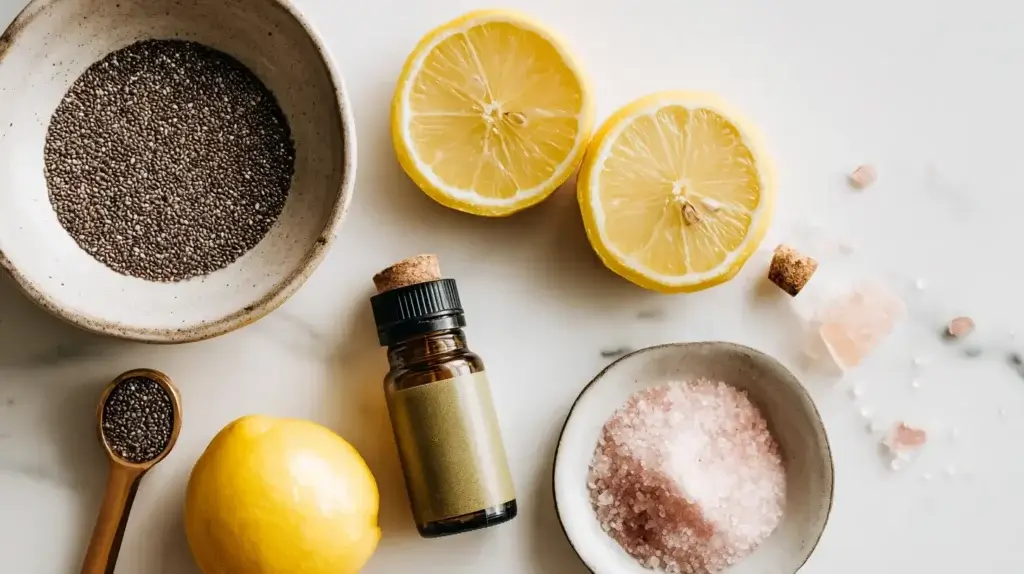 Ingredients for Zepbound trick drink: chia seeds, psyllium, collagen, lemon, pink salt