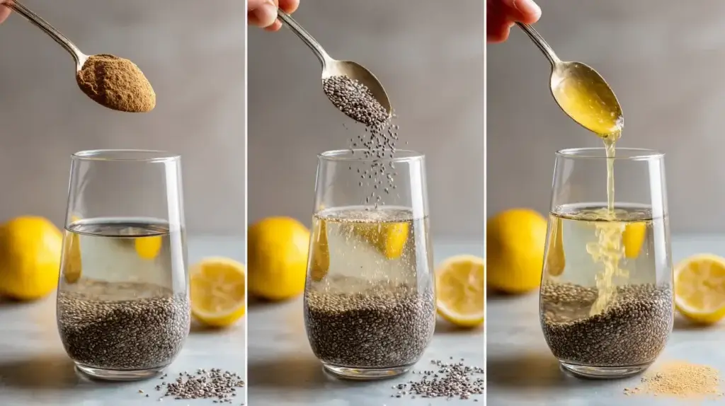 Preparing the Zepbound drink by mixing chia, lemon juice, and collagen in a glass