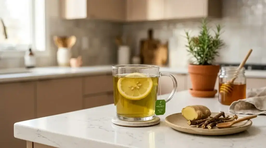 Homemade detox tea recipe as a Lulutox alternative with green tea, ginger, and dandelion