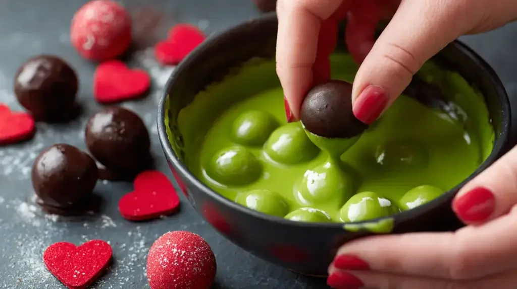Dipping grinch oreo balls into green chocolate