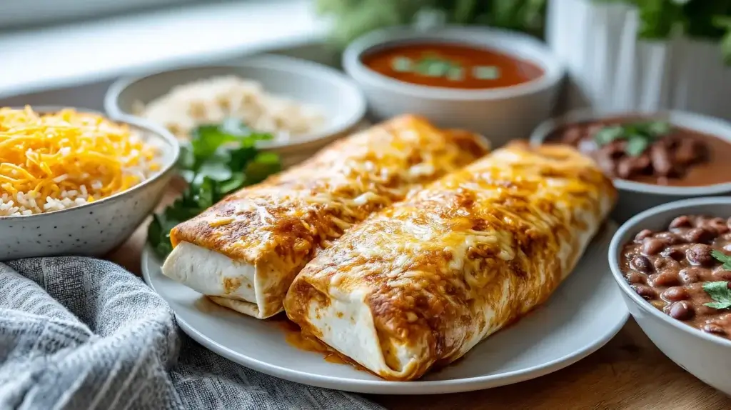 Ingredients for frozen chimichanga casserole including frozen chimichangas and enchilada sauce