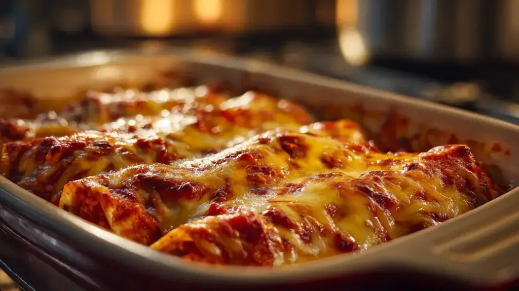 Frozen chimichanga casserole baked with enchilada sauce and melted cheese