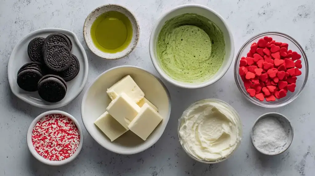 Ingredients for grinch oreo truffles recipe on a table