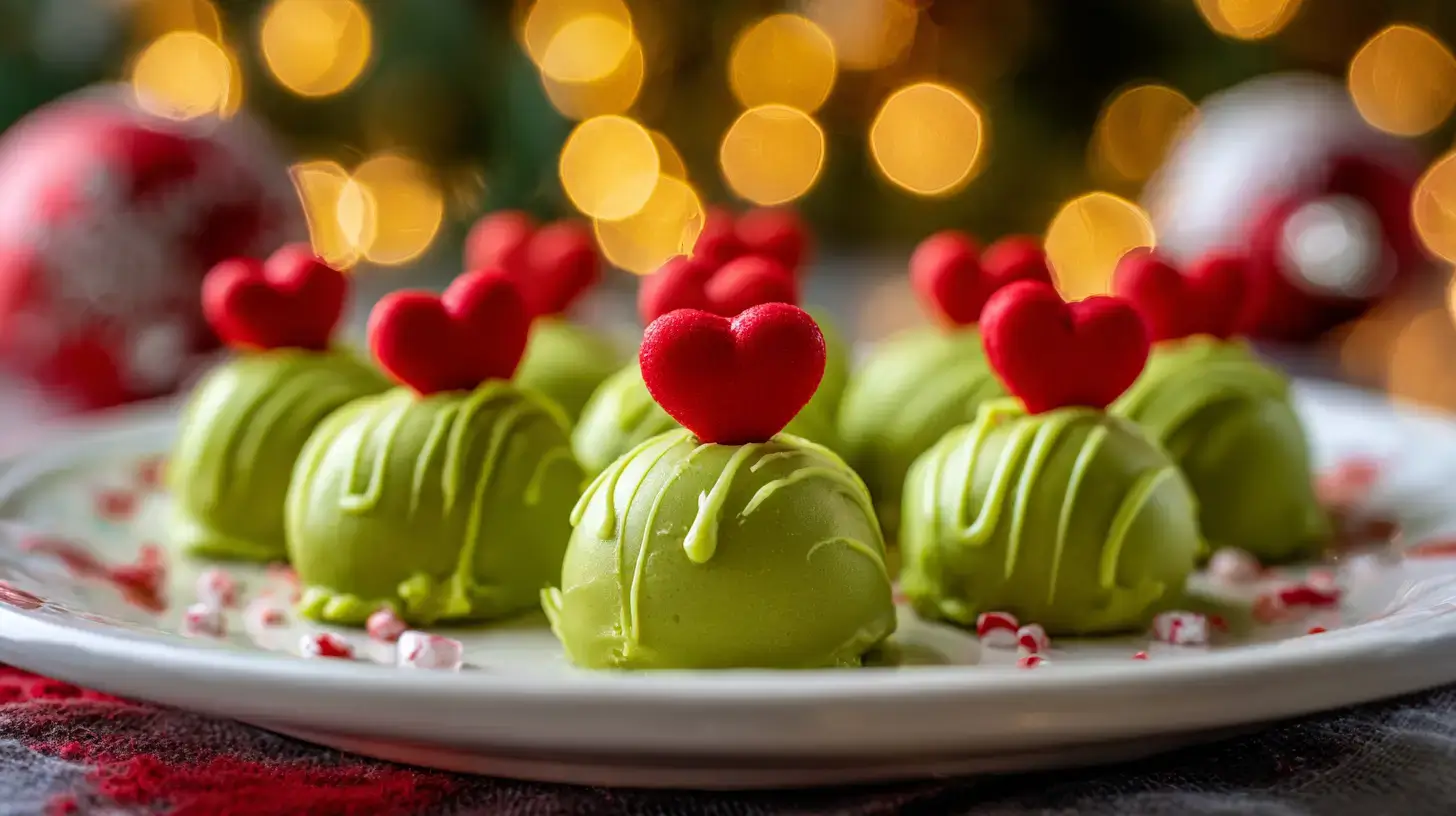 Grinch Oreo truffles recipe close-up with red hearts