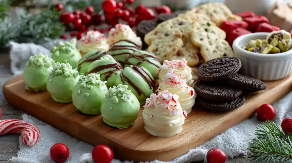 Holiday dessert board with grinch oreo truffles