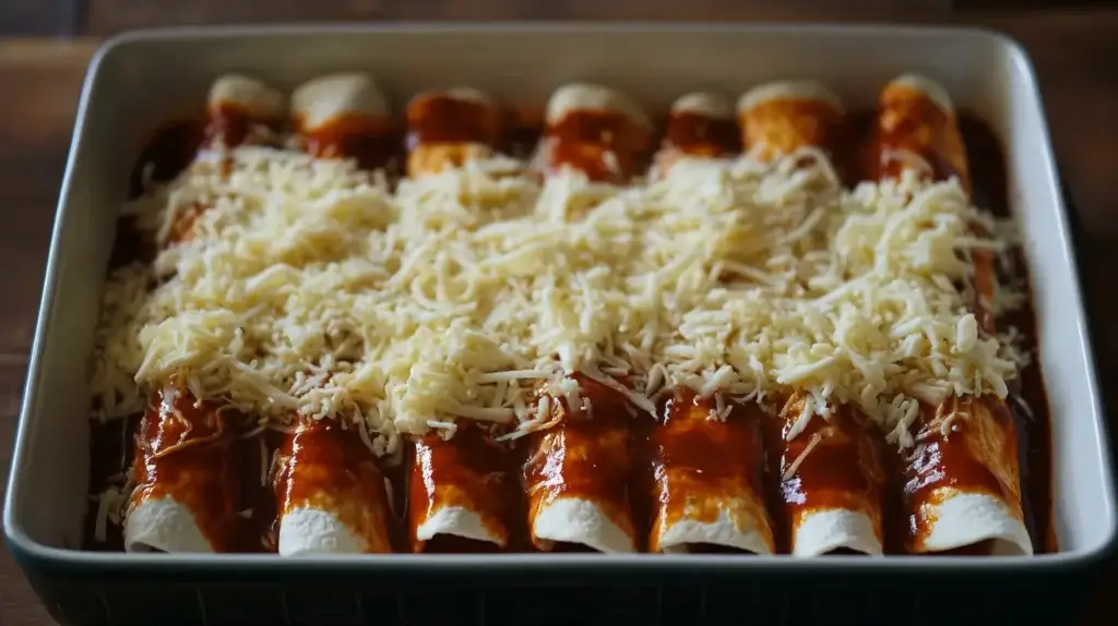 Layering frozen chimichangas in a baking dish for casserole