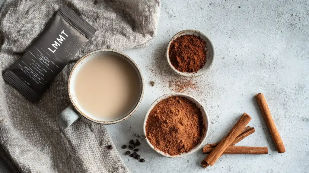 LMNT hot chocolate recipe ingredients displayed on a countertop