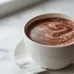 LMNT hot chocolate recipe in a warm mug with LMNT Chocolate Salt packet