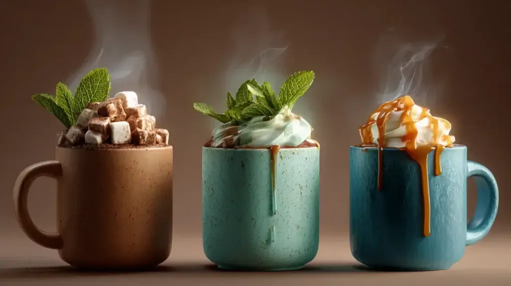 LMNT hot chocolate recipe variations including chai, mint, and caramel