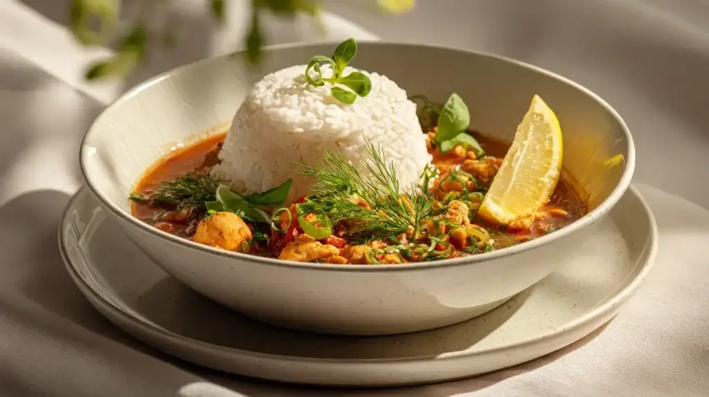 meghan markle gumbo soup served with rice and fresh herbs