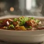 meghan markle gumbo soup recipe in a rustic bowl with chicken and vegetables