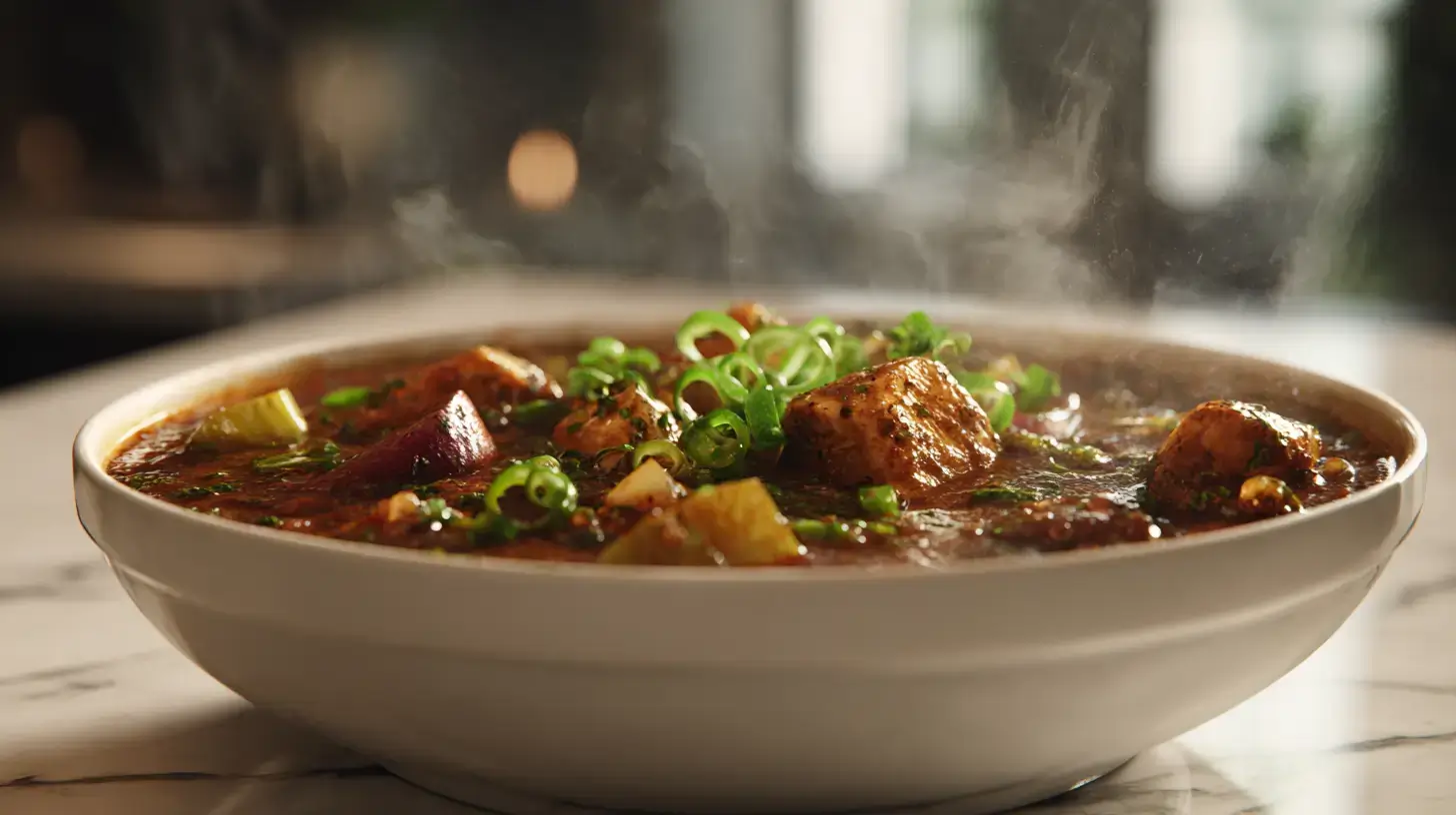 meghan markle gumbo soup recipe in a rustic bowl with chicken and vegetables