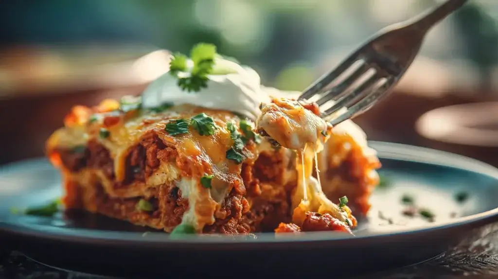 Served frozen chimichanga casserole with toppings