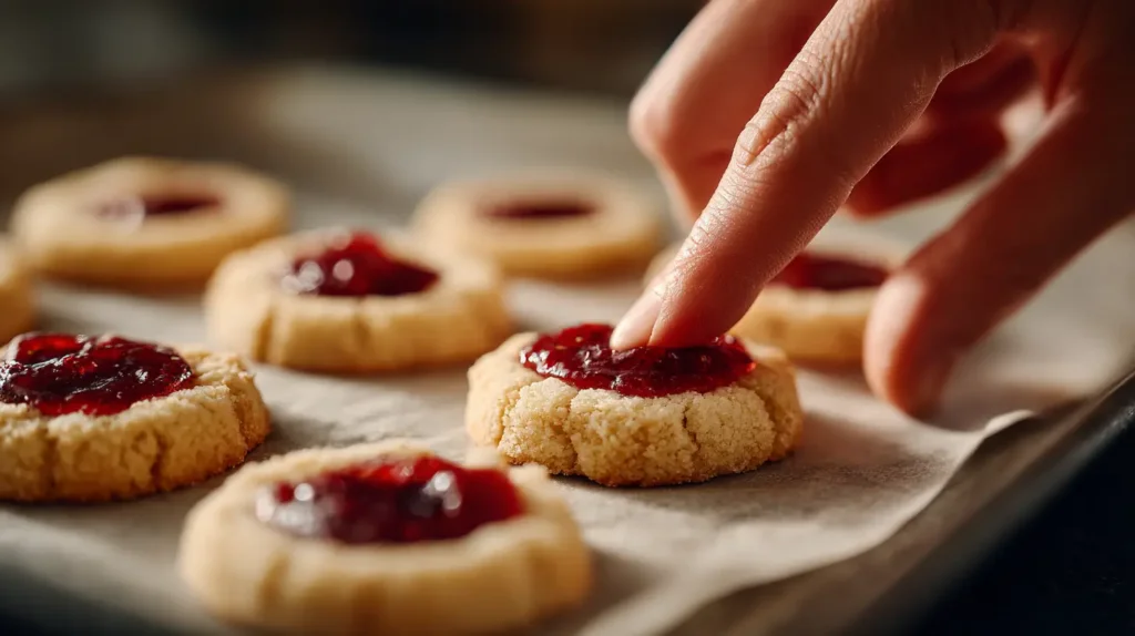 Filling thumbprint cookies before baking with raspberry jam