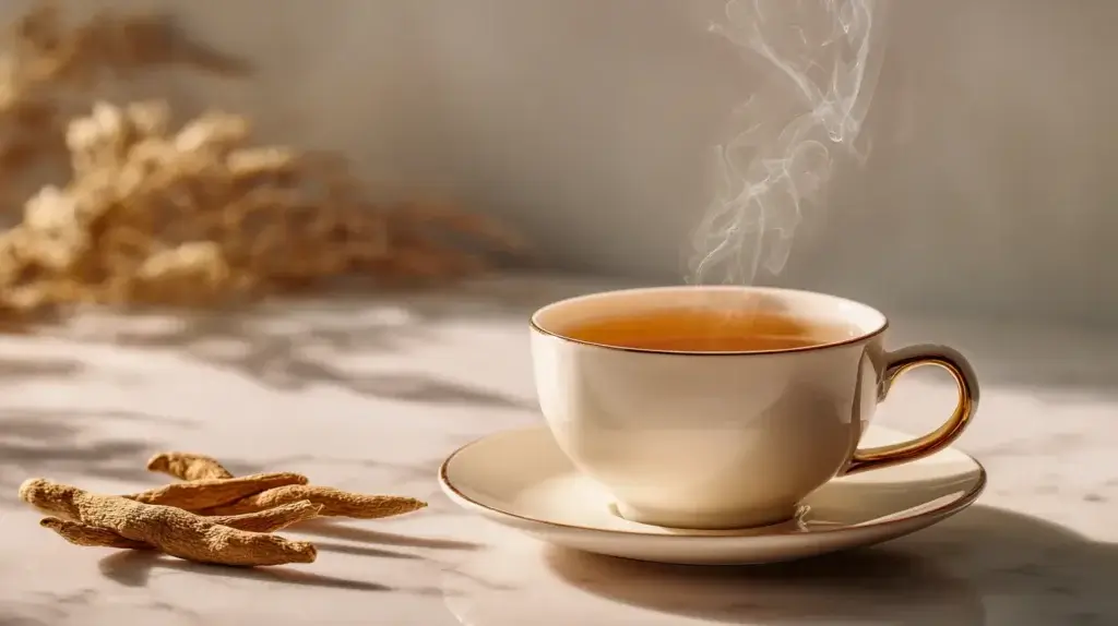 Ashwagandha tea served warm in a ceramic cup with dried root