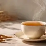 Ashwagandha tea served warm in a ceramic cup with dried root