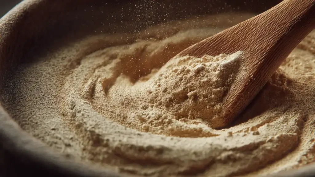 Ashwagandha powder mixed into a warm drink showing earthy texture