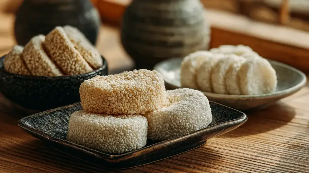 Traditional Asian rice cakes in different shapes and textures