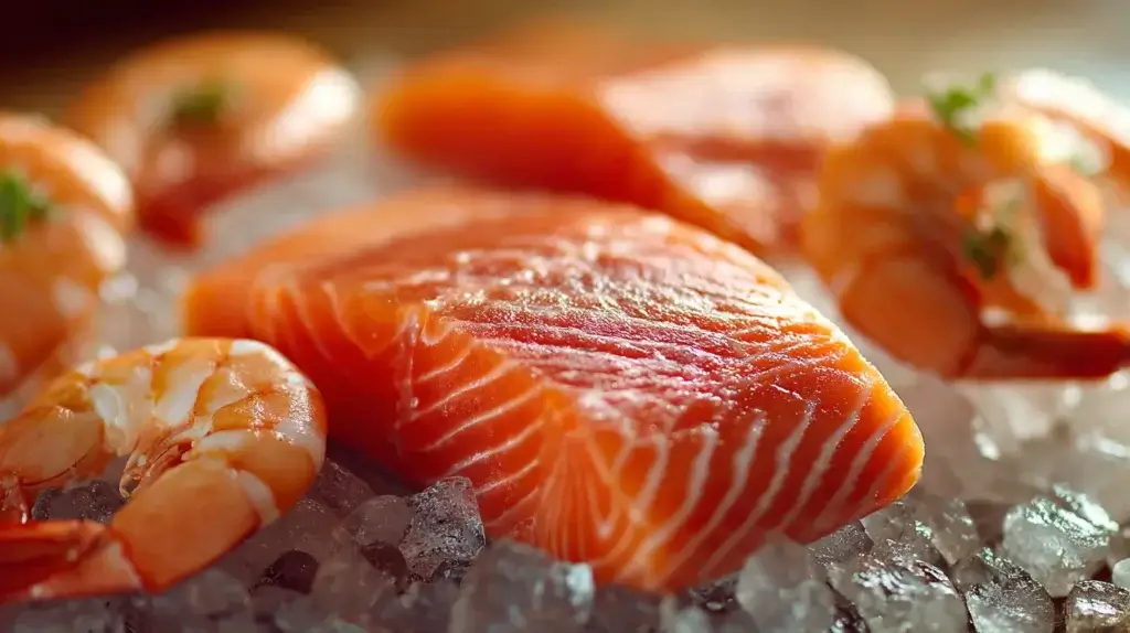Astaxanthin foods shown in salmon and shrimp with natural pink color