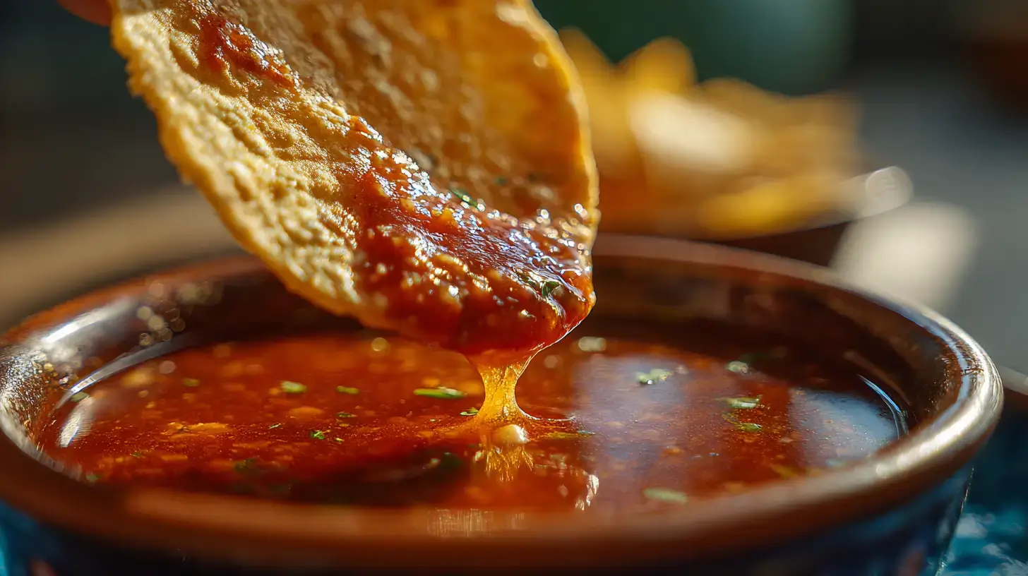 A tortilla dipped in birria cooking broth