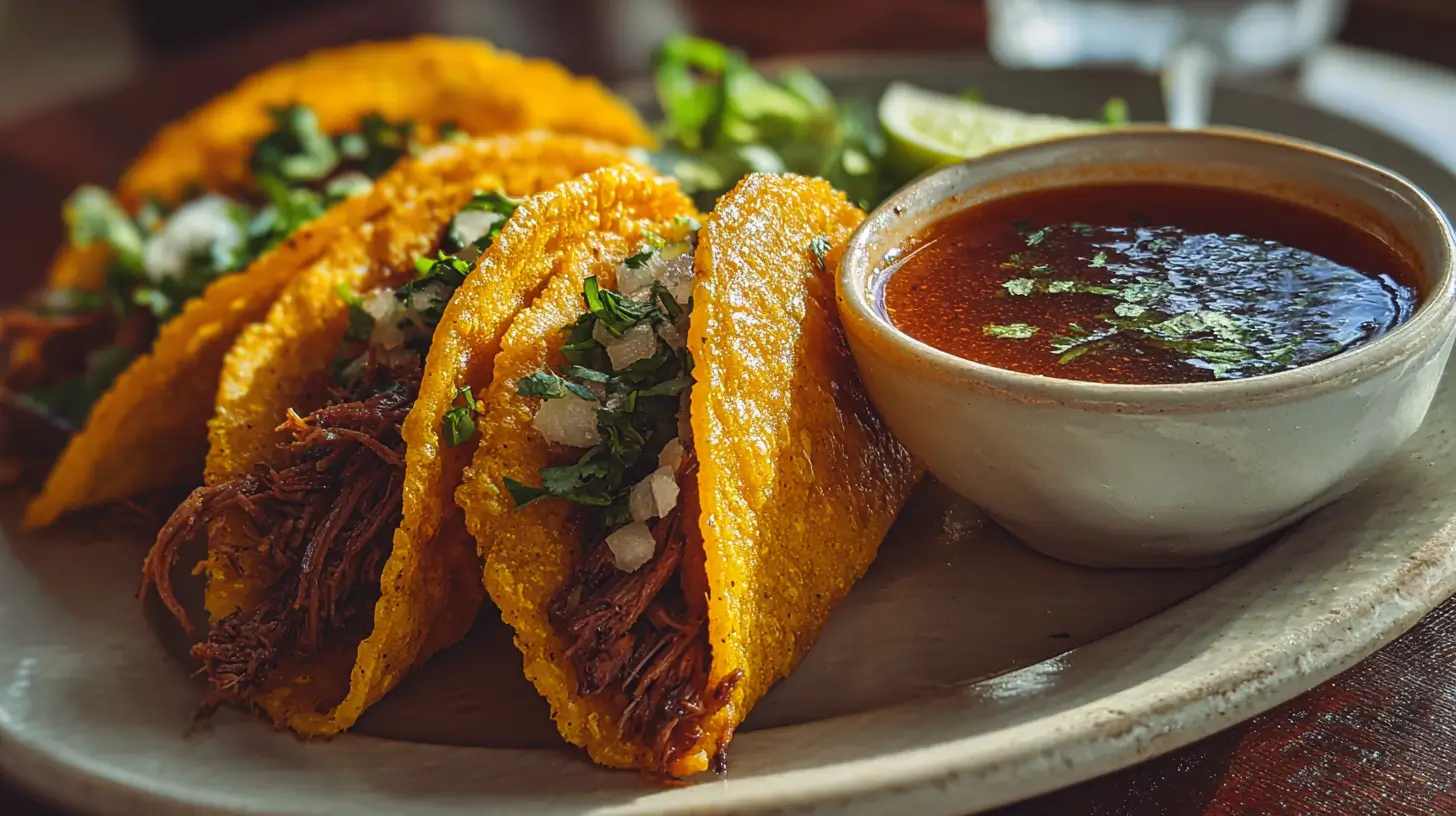 Birria tacos served with consommé for dipping