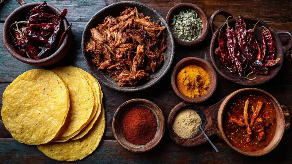 Birria tacos ingredients including meat tortillas and chilies