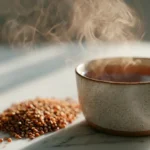 Buckwheat tea served hot in a cup with roasted buckwheat seeds