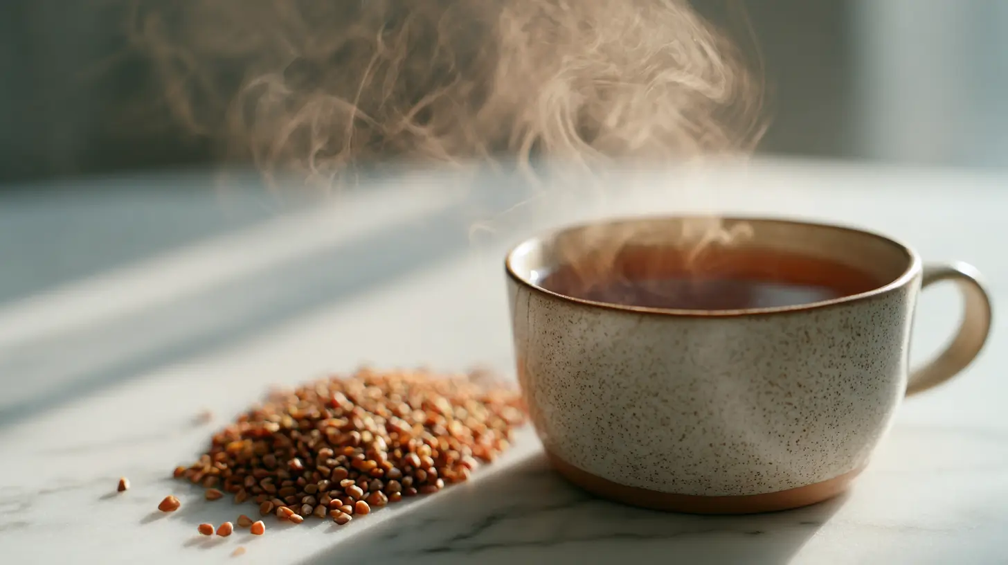 Buckwheat tea served hot in a cup with roasted buckwheat seeds