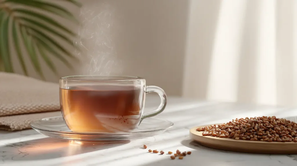 buckwheat tea vs barley tea in a glass cup on a wooden table
