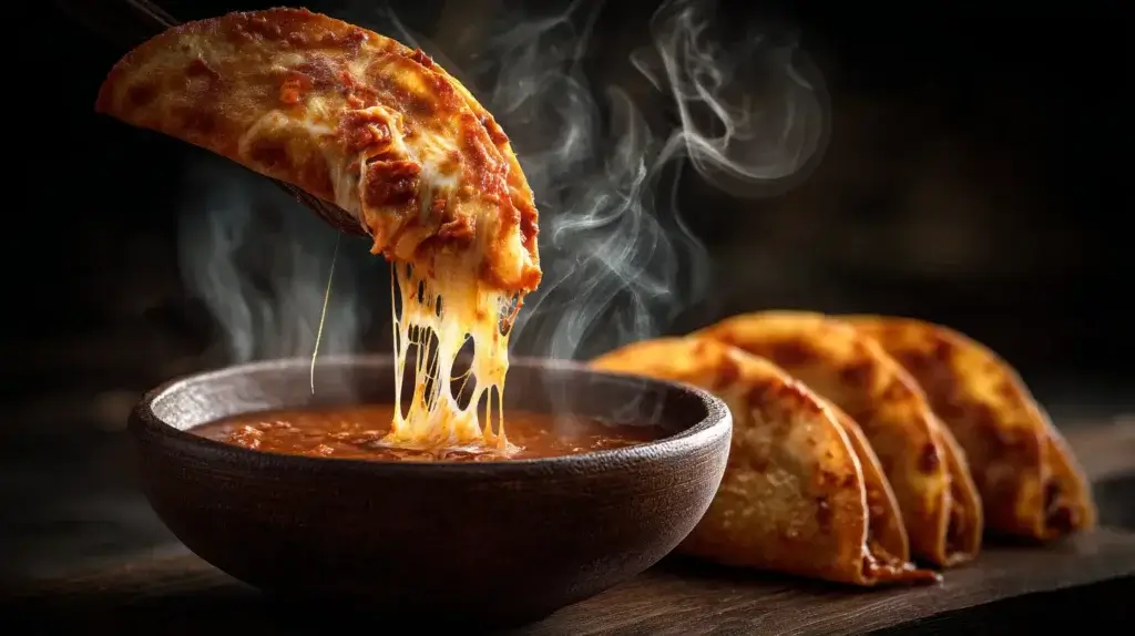 Crispy birria tacos dipped into consommé