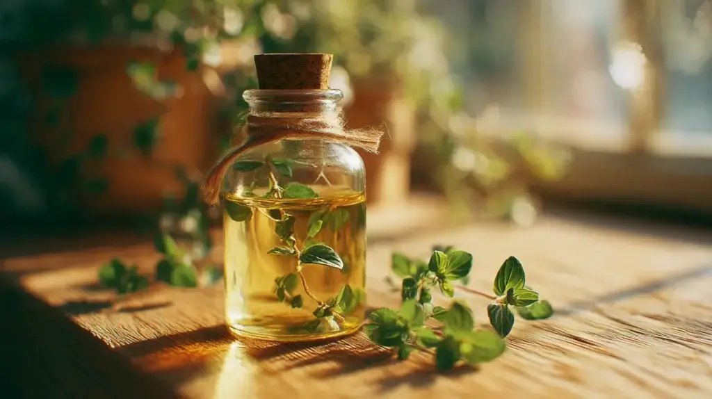 Homemade oil of oregano in a glass bottle