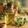 Homemade oil of oregano in a glass bottle