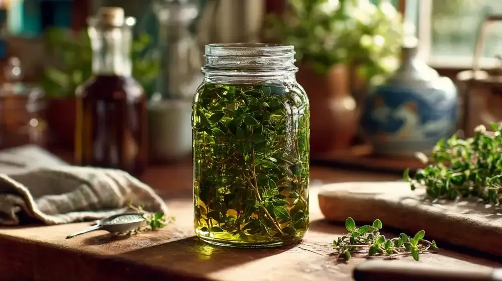 Homemade oil of oregano infusion in a glass jar
