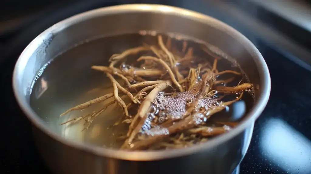 Traditional preparation of ashwagandha tea on the stovetop