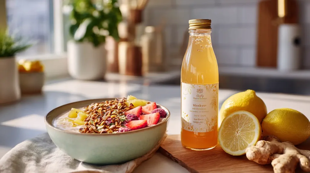 kefir smoothie bowl and kombucha drink lifestyle use