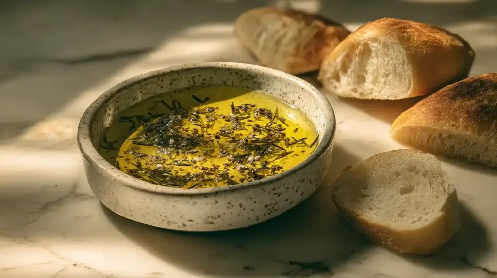 Oil of oregano bread dip served with olive oil and herbs