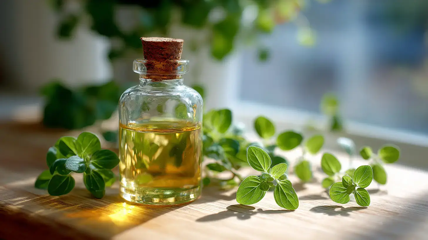 Oil of oregano in a glass bottle with fresh oregano leaves