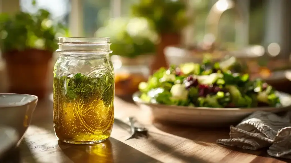 Oil of oregano salad dressing mixed with olive oil and lemon