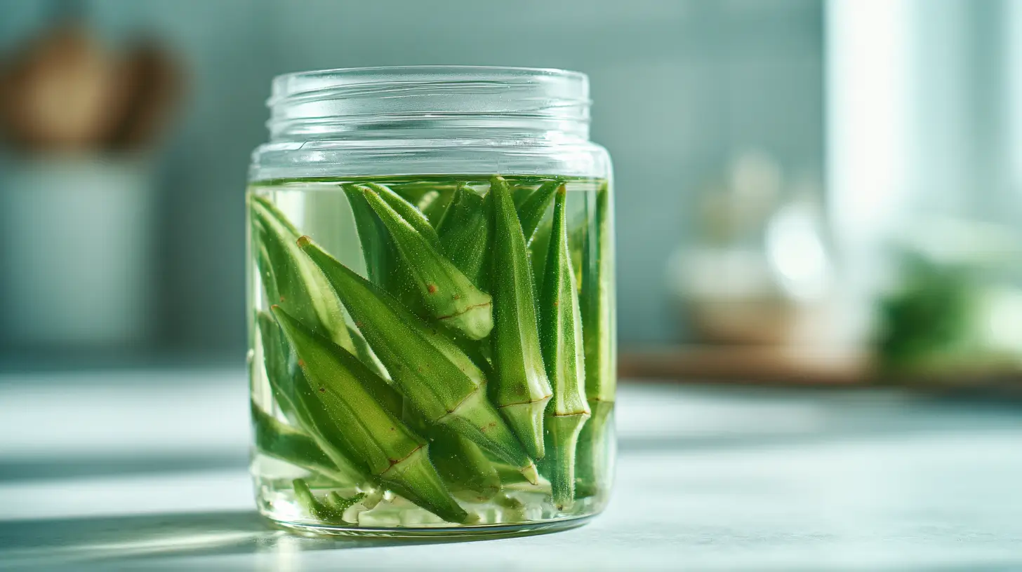 okra water benefits shown in a glass jar with fresh okra pods