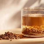 sobacha tea in a glass cup made from roasted buckwheat