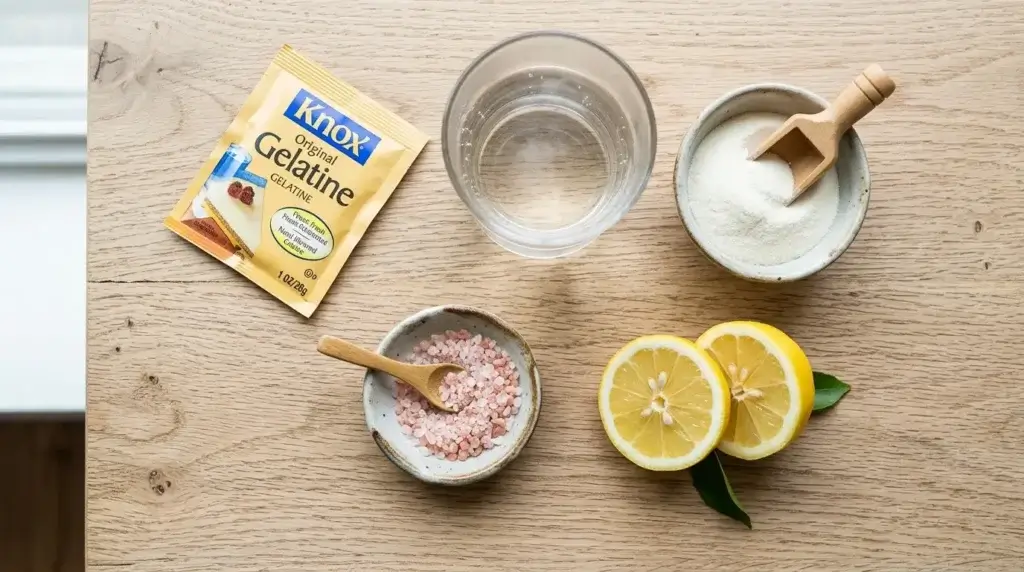 Ingredients for Jillian Michaels gelatin trick recipe — gelatin, collagen, lemon, pink salt
