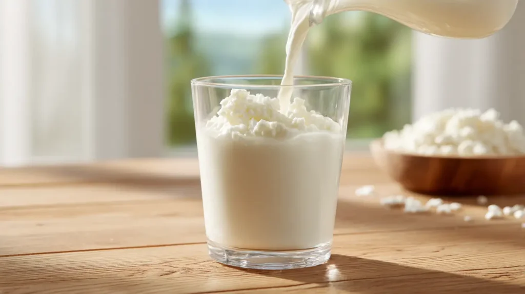 kefir probiotic drink poured into glass with creamy texture