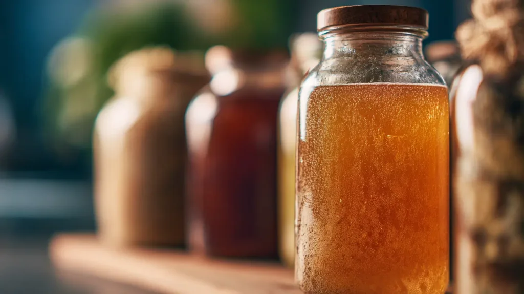 kombucha probiotic drink in glass bottle with fermentation jar