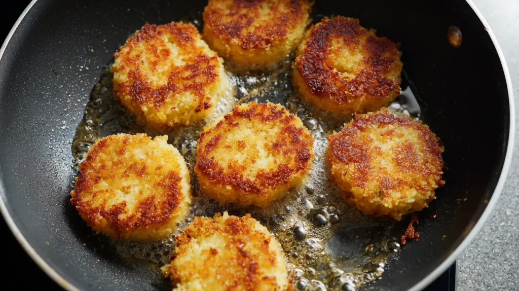 pan fried rice cakes cooking in a non stick pan