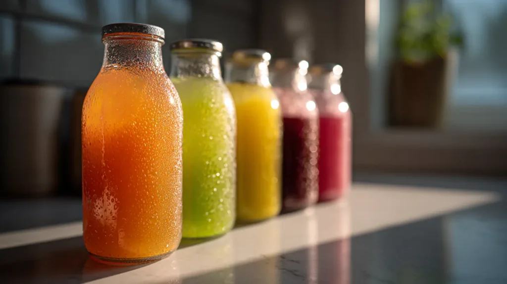 probiotic drink bottles displayed on kitchen counter in natural light
