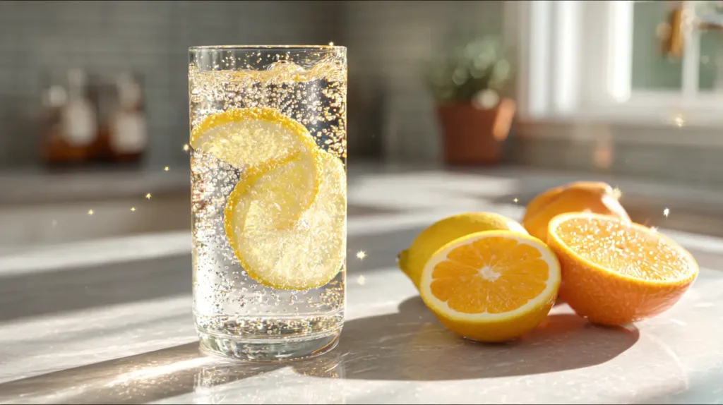 sparkling probiotic water in glass with citrus slices